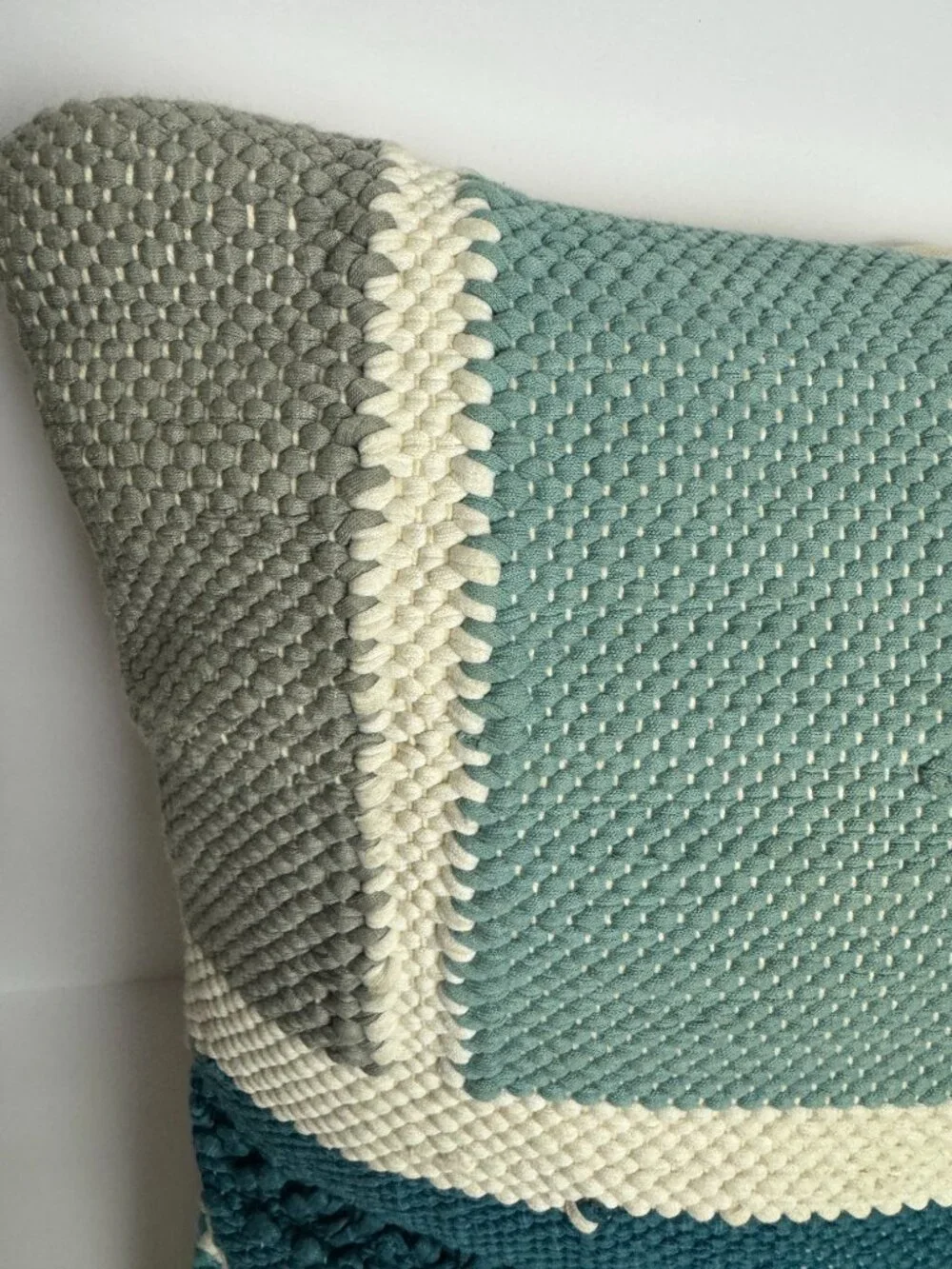 West Elm Textured Woven Throw Pillow 20x20 Teal Gray Cream Geometric Cotton